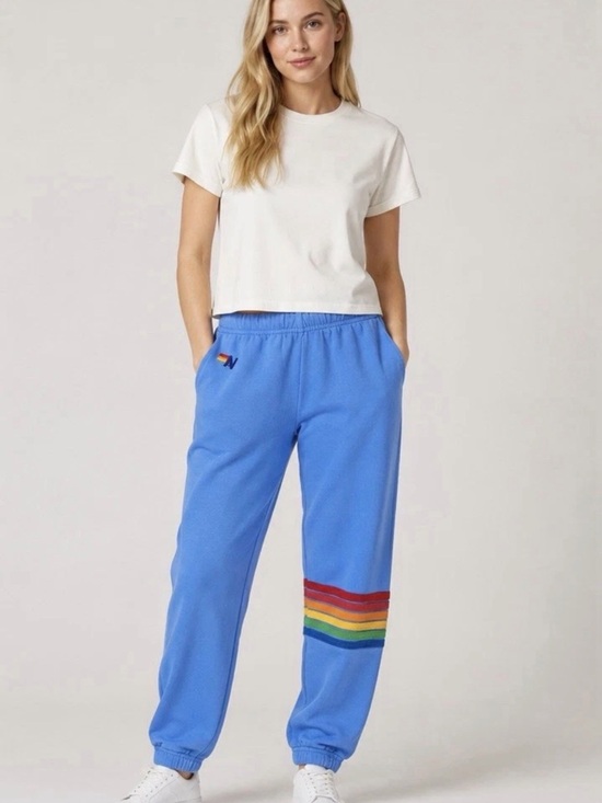 Aviator Nation Pants - Aviator Nation Women’s Sweatpants Size M Blue Rainbow Stripe Joggers GUC